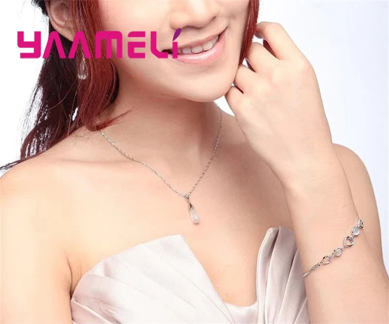 Sterling Silver Water Drop Opal Necklace & Earrings Jewelry Set - Wedding & Party