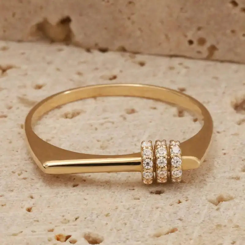 Minimalist Gold Plated Three-Row Geometric Ring Set for Women – Dainty Stackable Jewelry