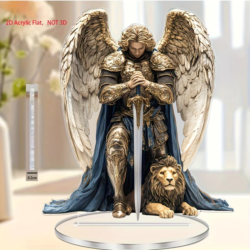 2D Angel Acrylic Tabletop Ornament Religious Angel Decor with Gold Armor and Blue Cape