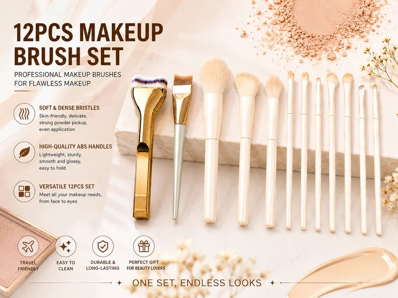 12-Piece Makeup Brush Set with Foundation, Powder & Eyeshadow Brushes