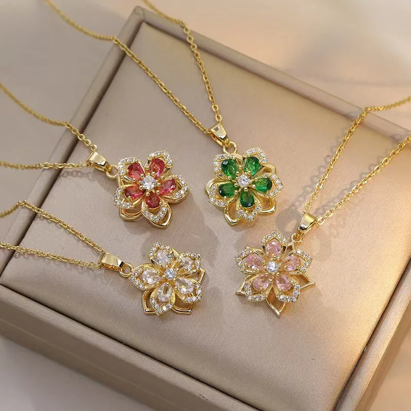 Romantic Zircon Flower Pendant Necklace for Women - Gold Plated Choker Jewelry