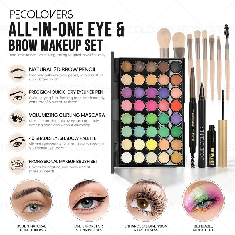 12-Piece Eye & Brow Makeup Set with 40 Shades, Waterproof Liquid Eyeliner, Mascara & Brushes