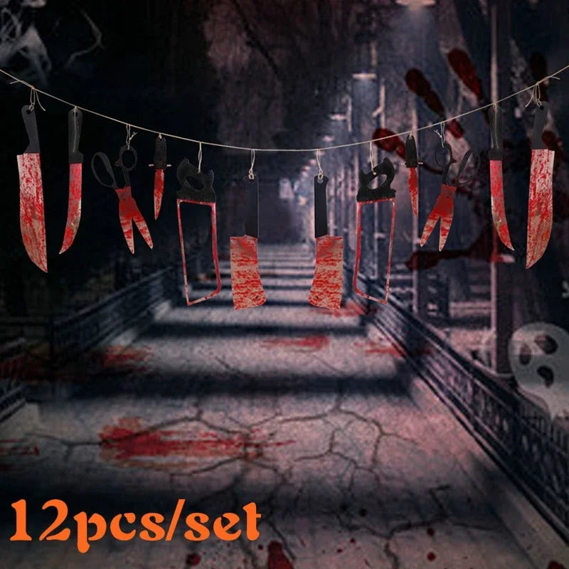 Halloween Blood Knife Set - 12 Plastic Horror Haunted House Decor