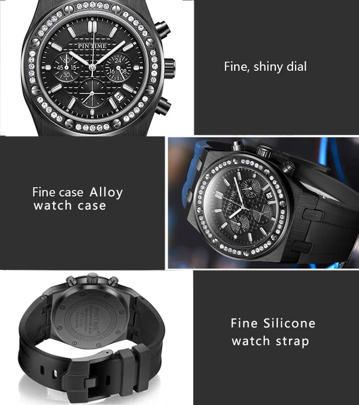 Men's Waterproof Quartz Sport Watch with Silicone Band and Diamond Iced Bezel