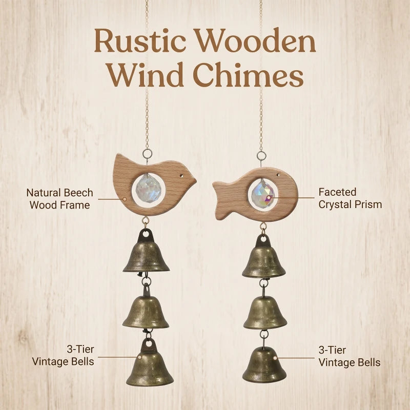 Beech Wood Crystal Wind Chime with Copper Bell - Garden Patio Wall Decor