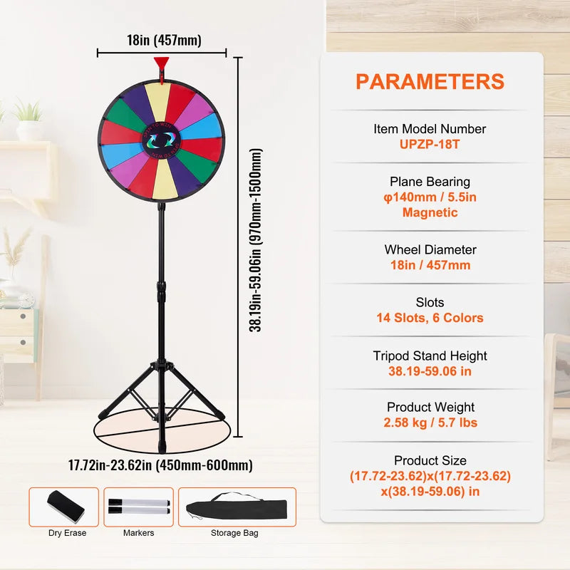 Color Prize Wheel 18 Inch with Folding Tripod Stand, 14 Slots Dry Erase Game