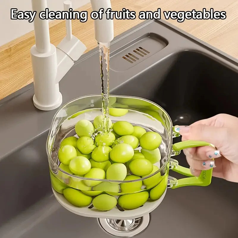 2-in-1 Double Layer Fruit Drain Basket with Foldable Handle Food Strainer
