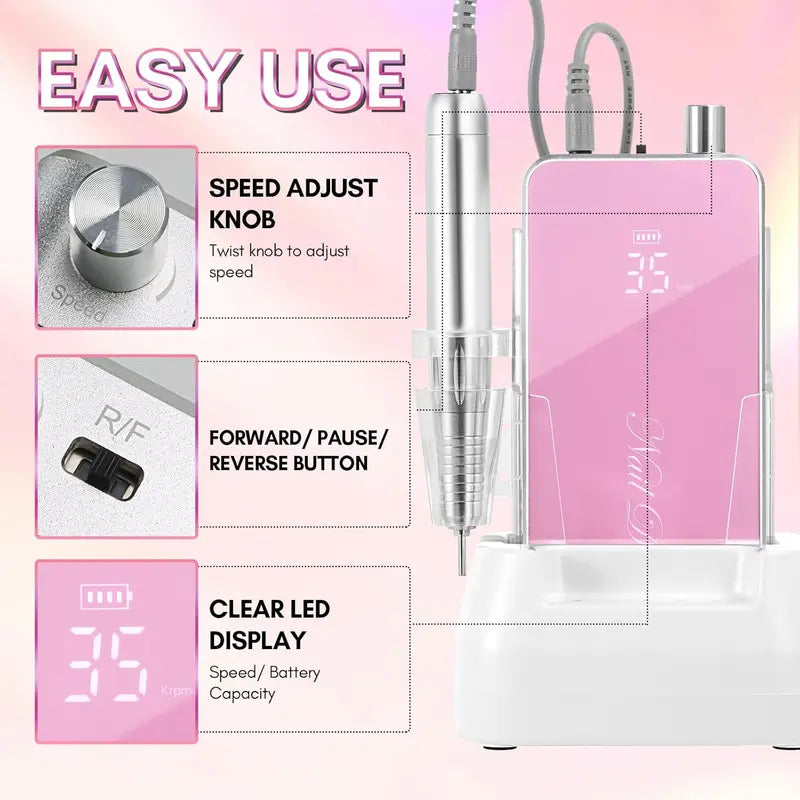 Professional Electric Nail Drill 35000RPM Rechargeable Efile for Nail Art