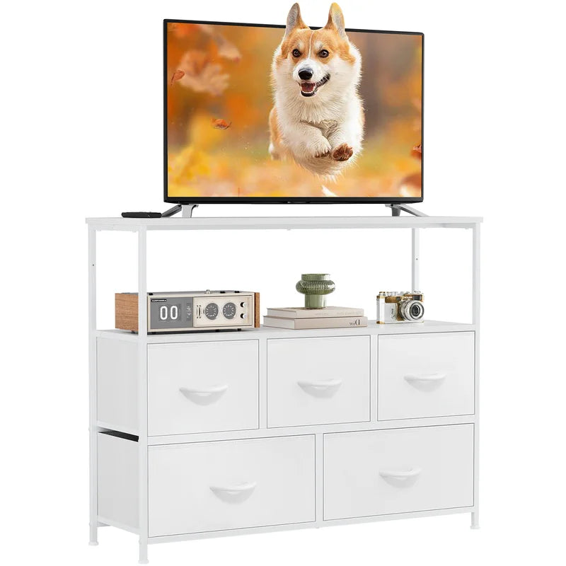 MCQ TV Stand Dresser with Fabric Storage Drawers - Compact Media Console for Bedroom Living Room or Dorm