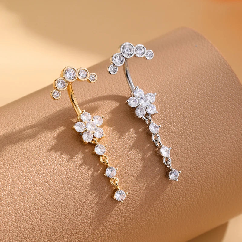 Long Dangled Flower CZ Belly Button Ring Stainless Steel Navel Piercing Jewelry