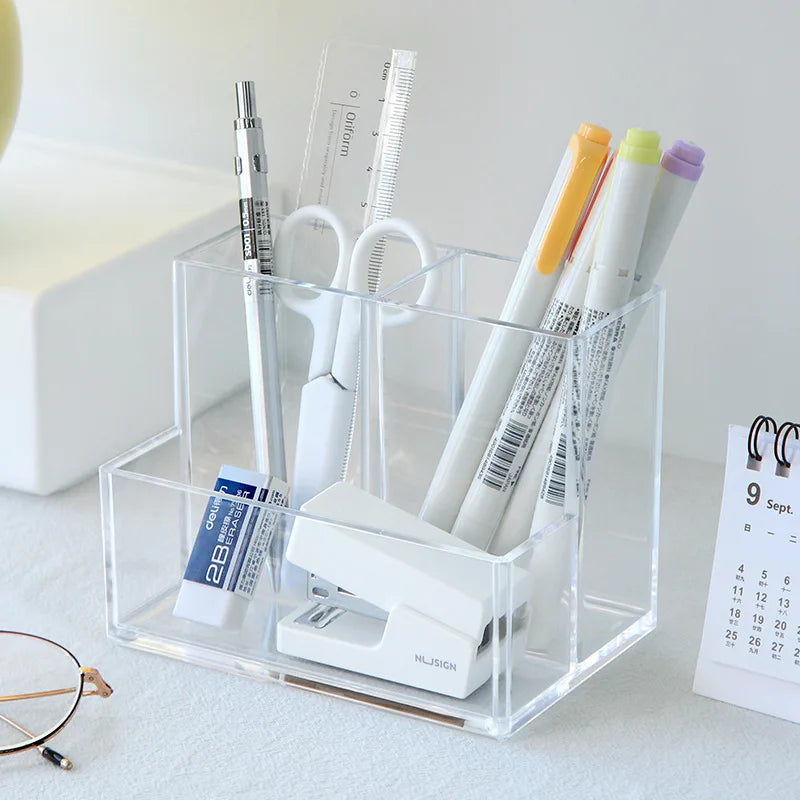 Transparent 3-Grid Makeup & Pen Organizer Box - Reusable Cosmetic Storage Bin