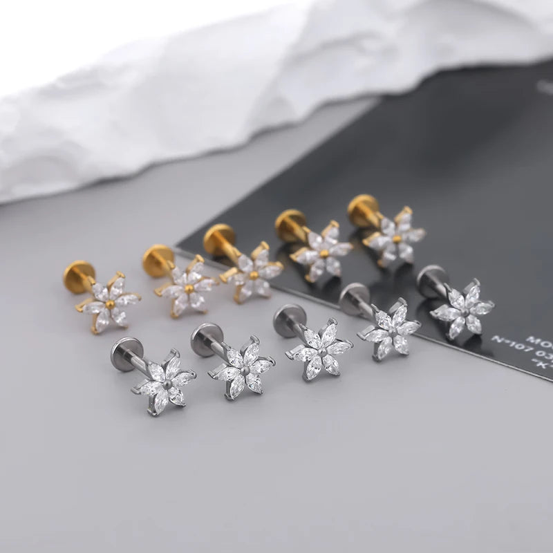 5-Piece Titanium CZ Ear Jewelry Set for Tragus Helix Daith Lip Lobe Ring Body Piercing