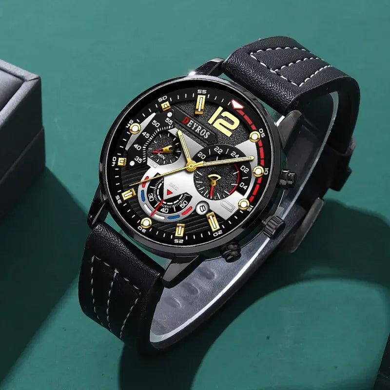 Men's Fashion Quartz Watch Set with Leather Strap and Calendar - Multiple Colors