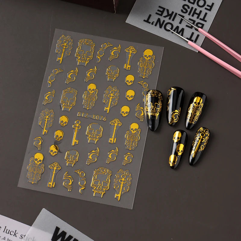 Gothic Golden Skull Nail Art Stickers Halloween Self-Adhesive Decals for Nails