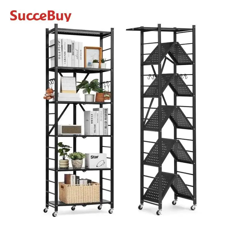 Heavy Duty Foldable Metal Storage Shelf with Wheels - Multi-Tier Organizer for Garage, Kitchen, and Home