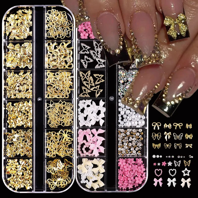 24-Piece Y2K Millennial Nail Art Decoration Set with Rhinestones Pearls & Charms