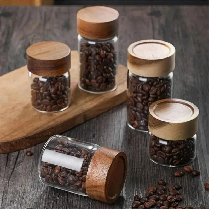 Mini Glass Spice Jars with Wooden Lid Set - Food Grade Sealed Bottles