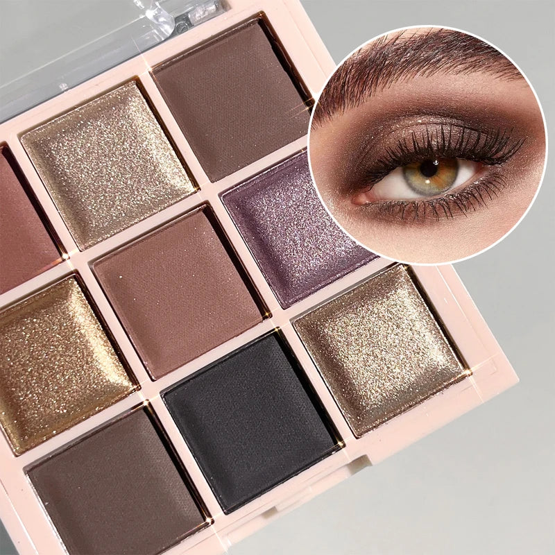 9-Color Eyeshadow Palette with Glitter & Matte Shades - Daily, Student-Friendly Makeup