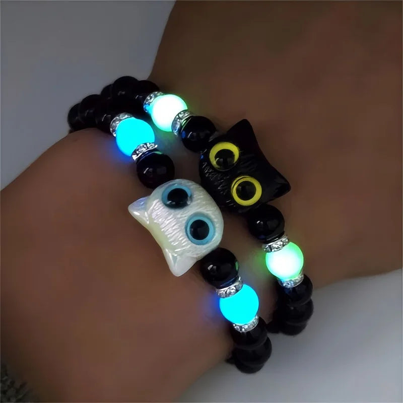 Glow-in-the-Dark Cat Charm Bracelet for Couples and Cat Lovers