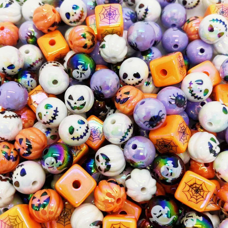 12PCS Acrylic Beads Halloween Printing UV Plating DIY Keychain Phone Chain Accessories