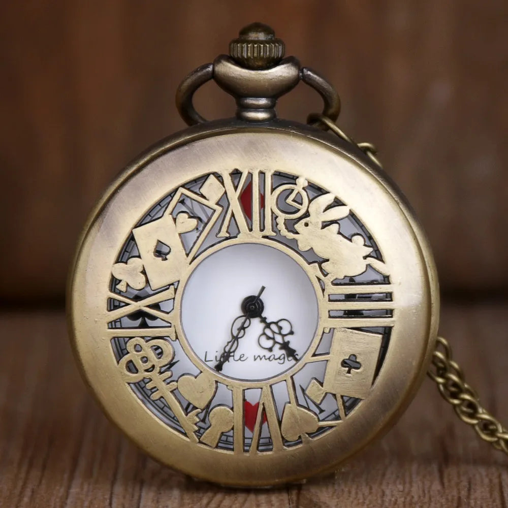Vintage Bronze Quartz Pocket Watch with Chain - Women Gift Pendant
