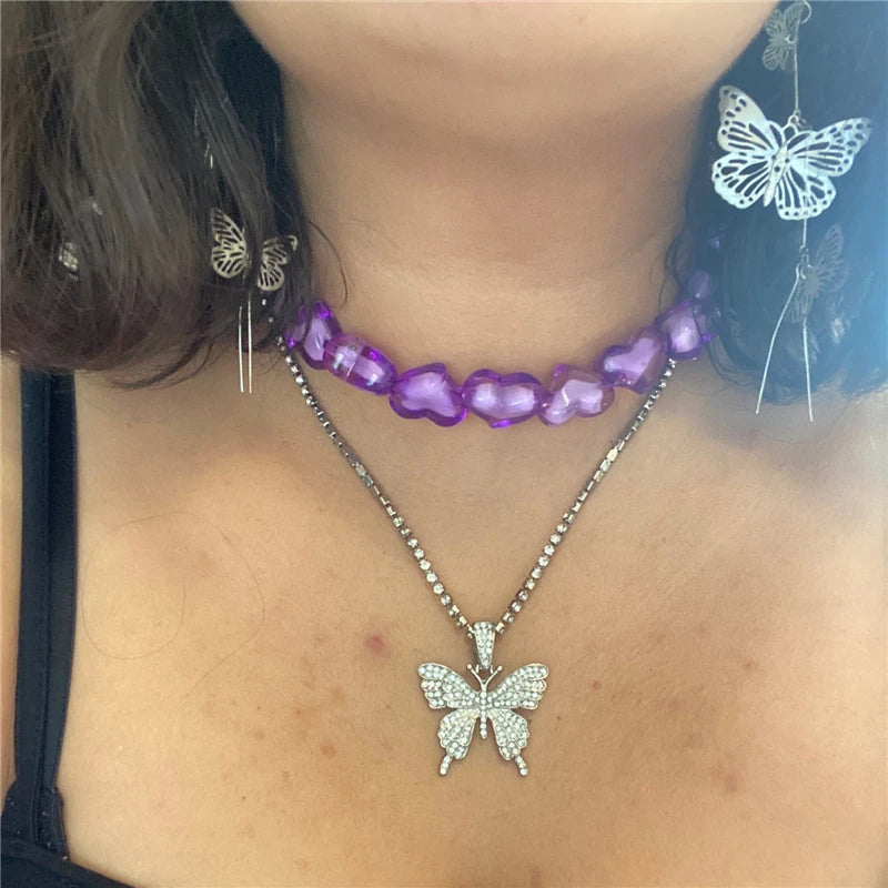 Kpop Y2K Goth Harajuku Acrylic Heart Beaded Choker Necklace for Women Girls