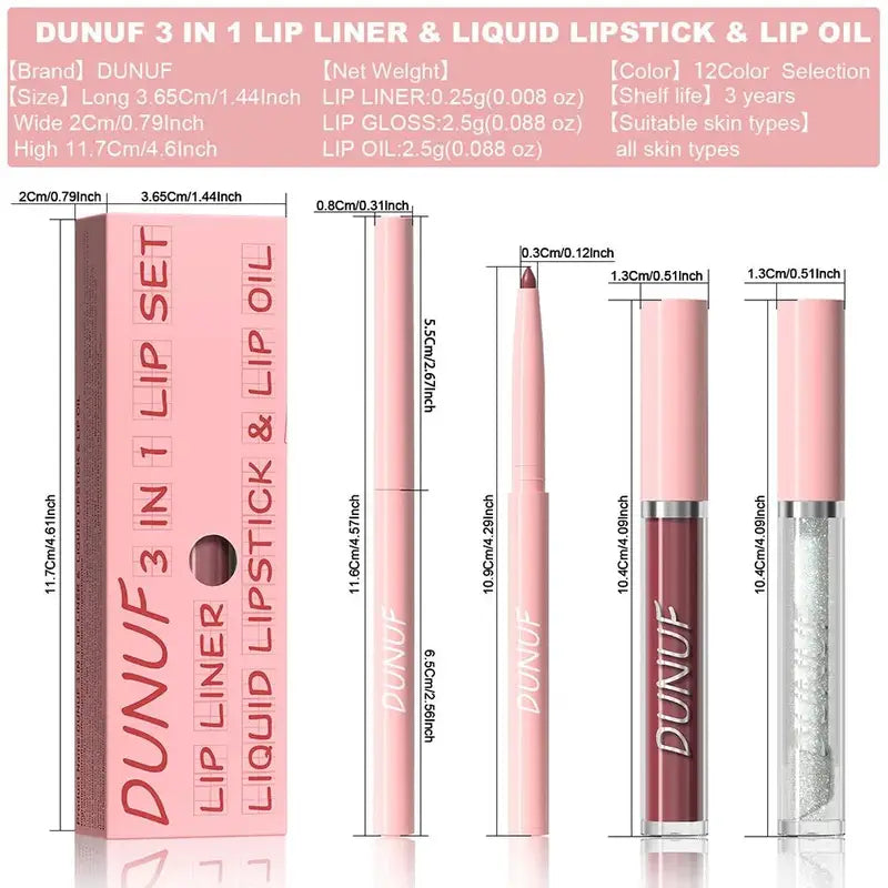 3-Piece Matte Lipstick Lip Liner and Lip Oil Set Waterproof Long Lasting