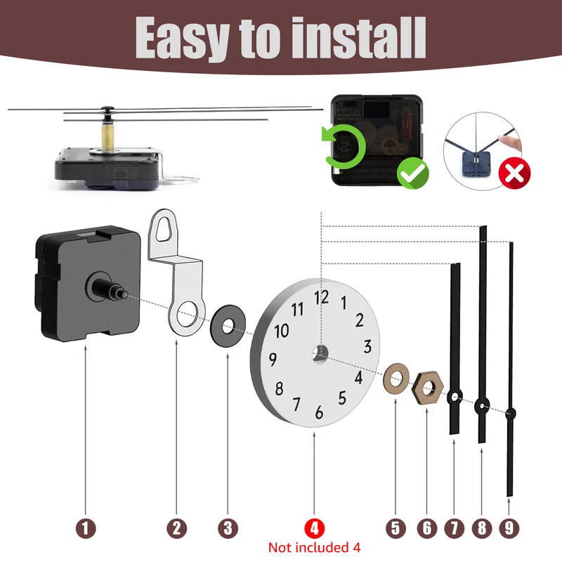 Silent Quartz Clock Mechanism Kit with 10 Aluminium Clock Hands for DIY Repairs