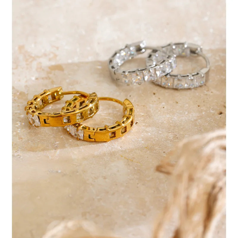 Stainless Steel Cubic Zirconia Hoop Earrings for Women - Shiny Daily Jewelry