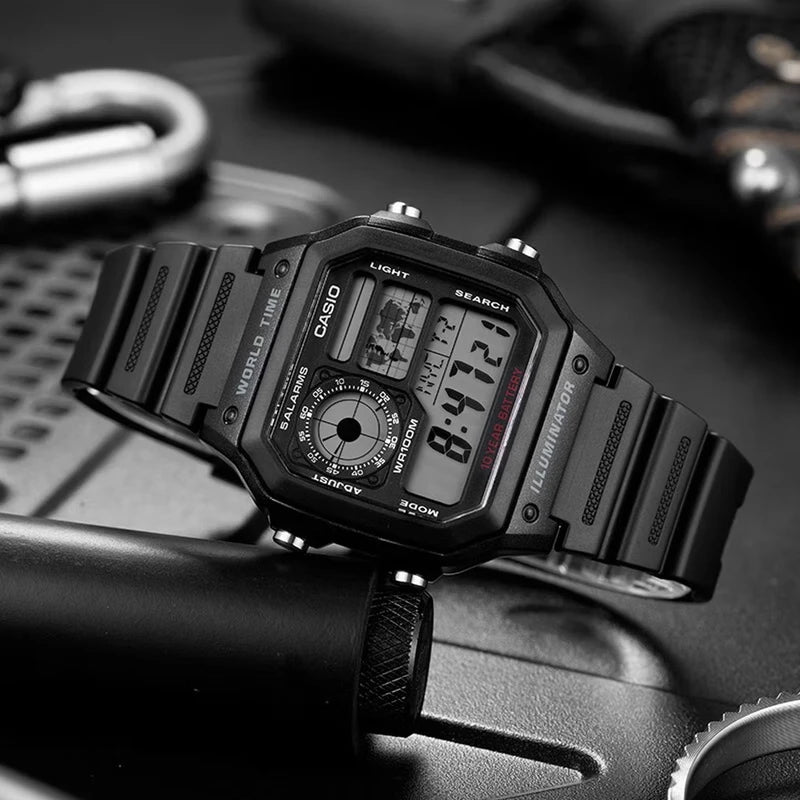 Men's Digital Watch with World Map, 100M Water Resistance, Multi Alarms