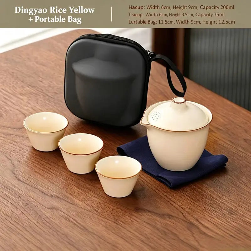 Portable Ceramic Tea Set with 3 Cups and Storage Bag - Camping & Travel