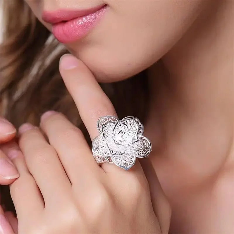 Adjustable Sterling Silver Flower Ring for Women Jewelry Gift