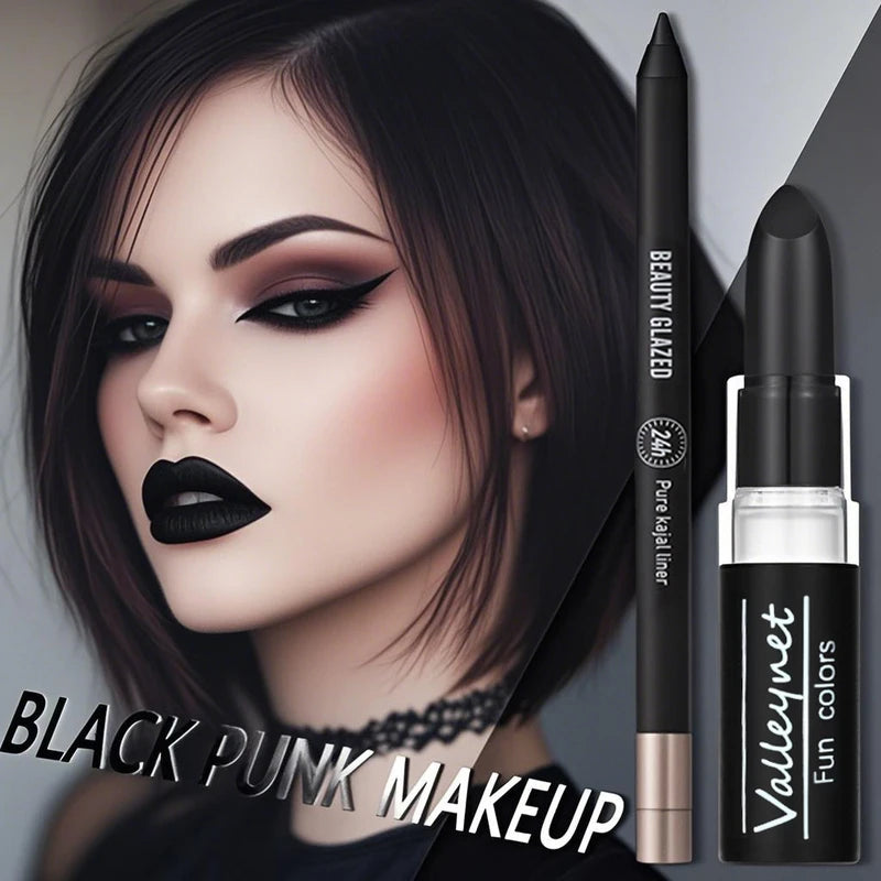 Dark Punk Makeup Set - 3 Pieces Matte Black Lipstick, Lip Liner & Waterproof Eyeliner for Halloween