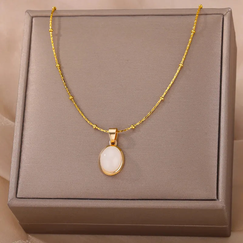 Oval Opal Necklace for Women - Stainless Steel Pendant Jewelry Gift