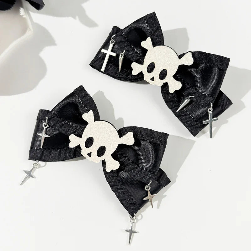 Halloween Gothic Hair Clips Set - Skull & Cross Design, Black Bow Accessories