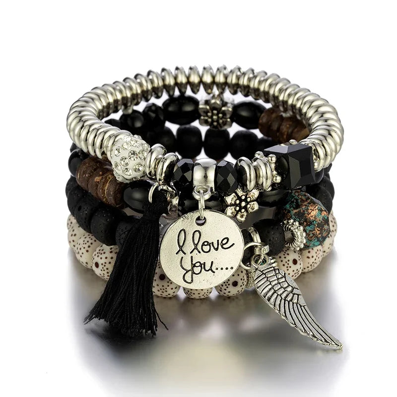 Bohemian Beaded Bracelet Set for Women with Letter, Wing, Tassel Charms, Elastic Chain Bangles, Boho Jewelry