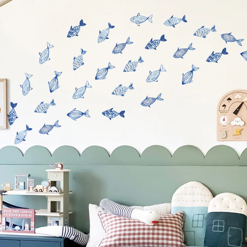Watercolor Fish Wall Decals - Waterproof Peel & Stick Sea & Geo Design for Kids Room