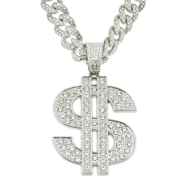 Hip Hop Dollar Pendant Necklace with Cuban Chain - Money Sign Jewelry for Men