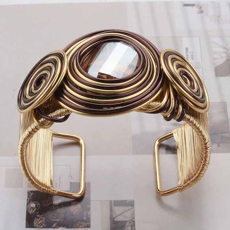 Heavy Metal Wire Winding Cuff Bangles for Women - Big Rhinestone Jewelry Gift