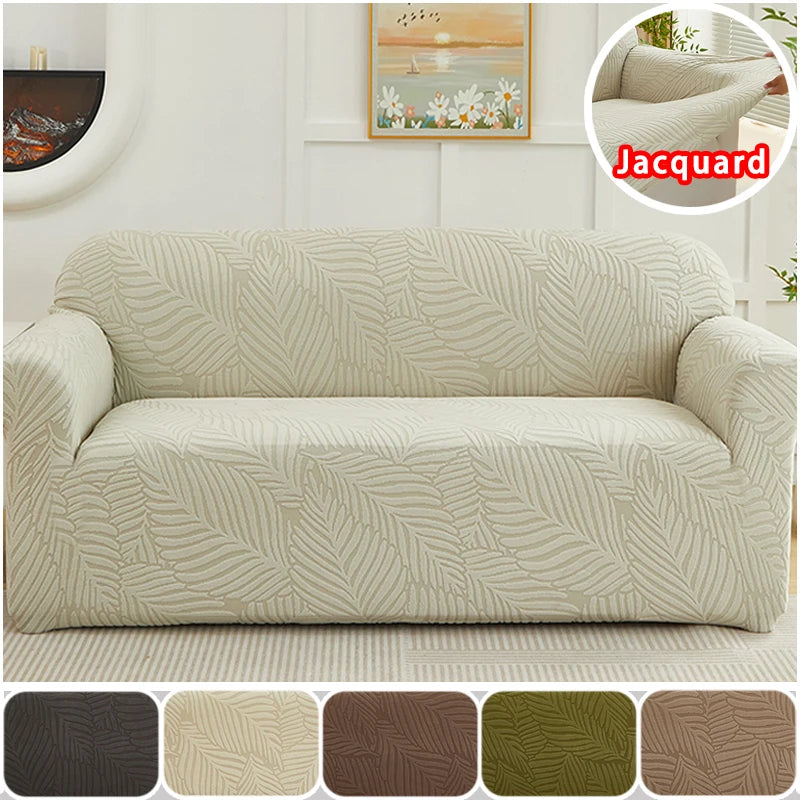 Jacquard Leaves Pattern Sofa Slipcover - Non-Slip Stretch Protector for L-Shaped & Sectional Sofas