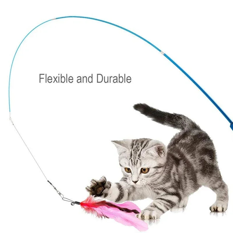 Retractable Cat Feather Wand Toy Set with Replacement Feathers, Interactive Play for Indoor Cats