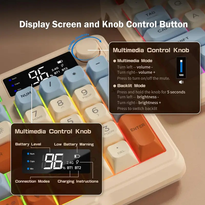 Wireless Gaming Keyboard with Display Screen & Knob - RGB Backlit, Rechargeable, Quiet Membrane Keys