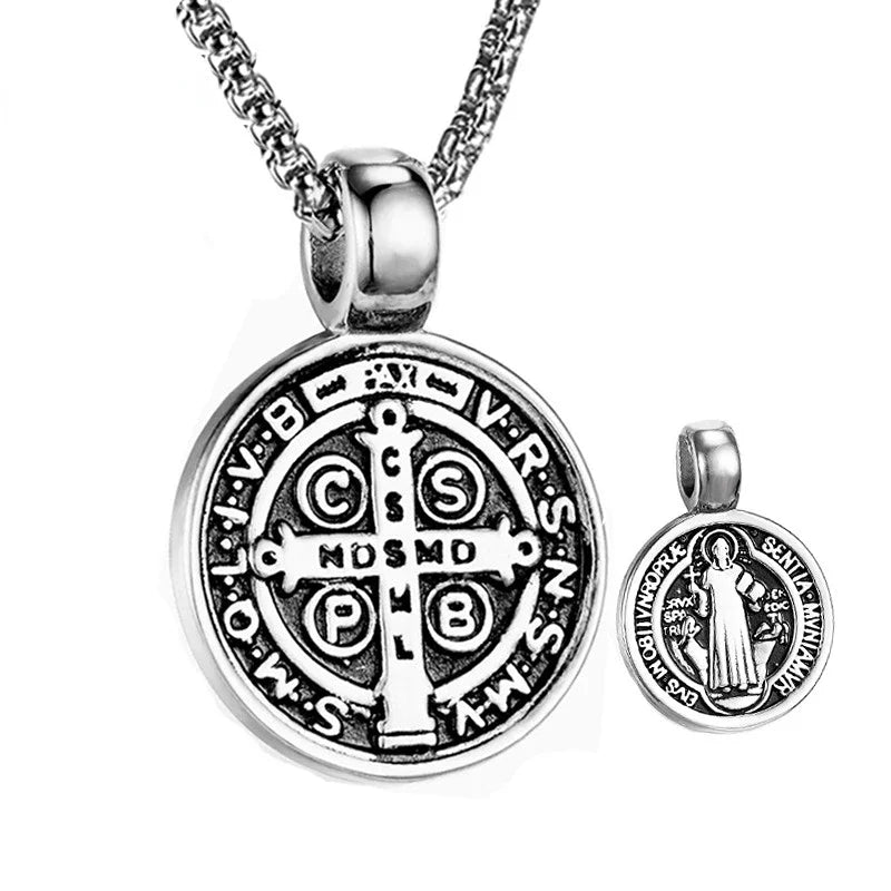 Stainless Steel Saint Benedict Necklace Men Women Religious Pendant Amulet