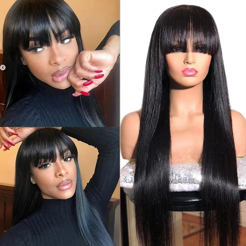 Long Human Hair Wig 30 Inch 180-200% Density with Bangs & Lace Front for Women