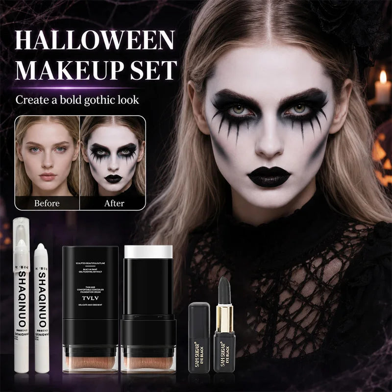Halloween Gothic Makeup Set with White Foundation, Black Face Paint & Highlighter