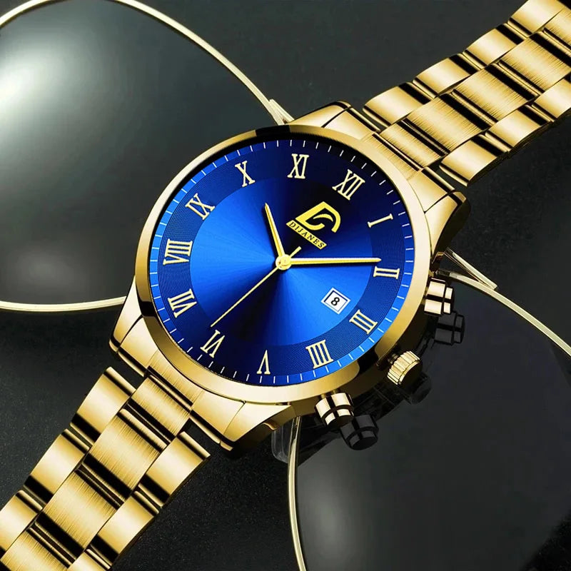 Men's Gold Watch Minimalist Quartz Calendar Wristwatch Business Casual