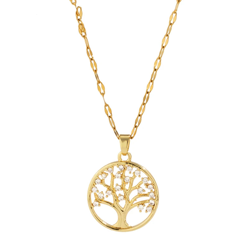Luxury Rhinestone Tree of Life Pendant Necklace for Women Vintage Stainless Steel Jewelry