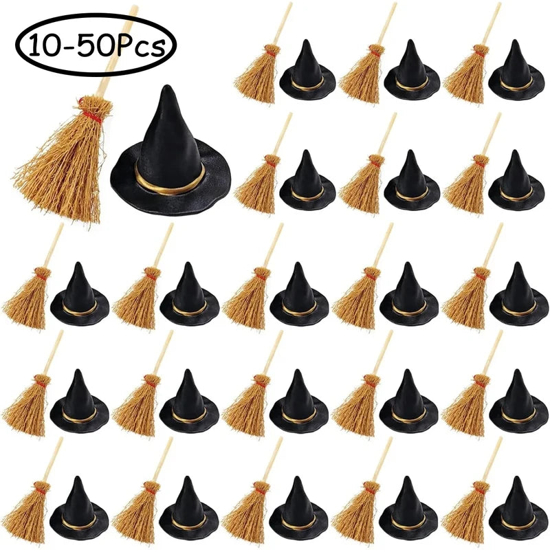 Mini Witch Hat & Broom Set for Halloween Party Decor - 10-50Pcs