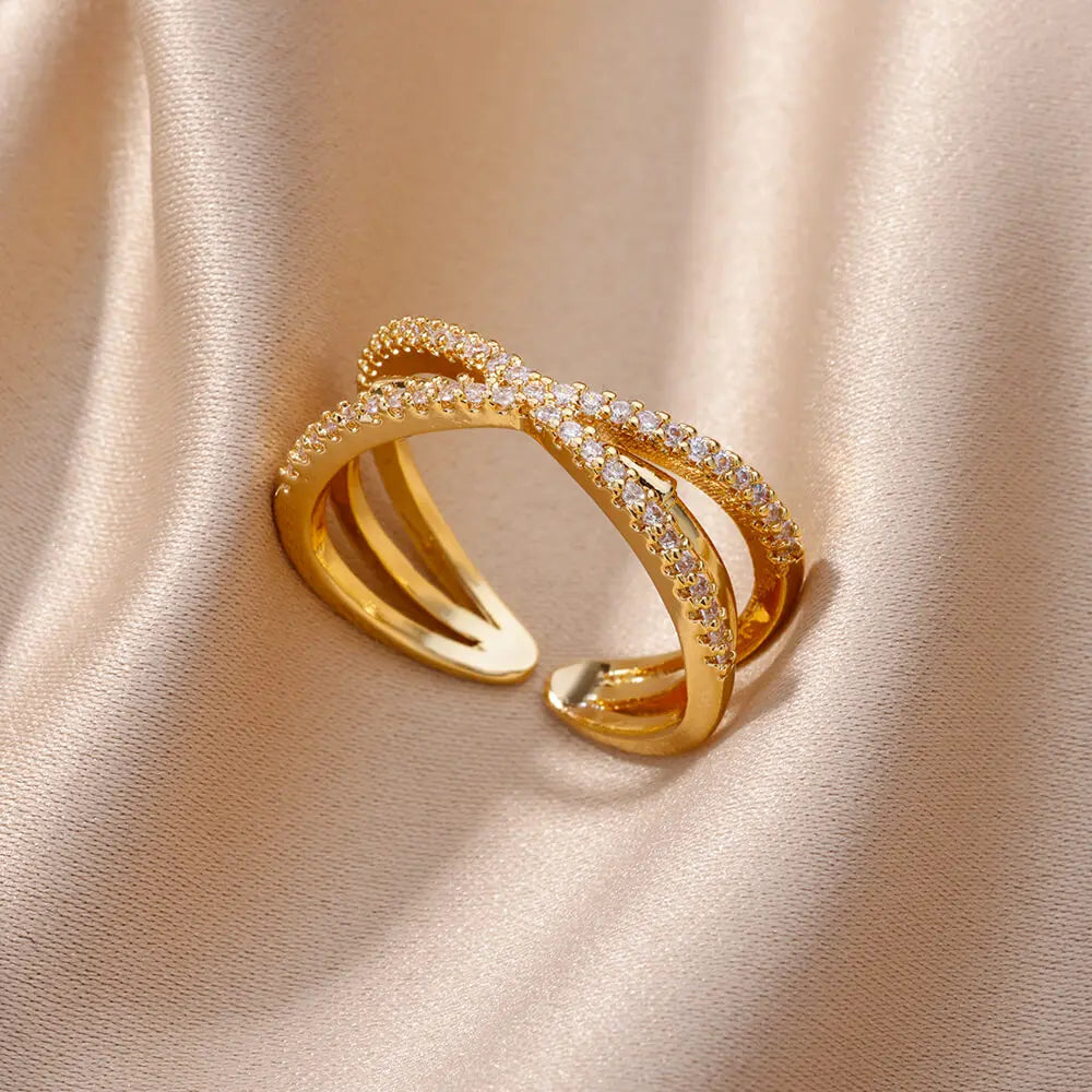 Adjustable Stainless Steel Belt Rings for Women Zircon Geometric Wedding Jewelry