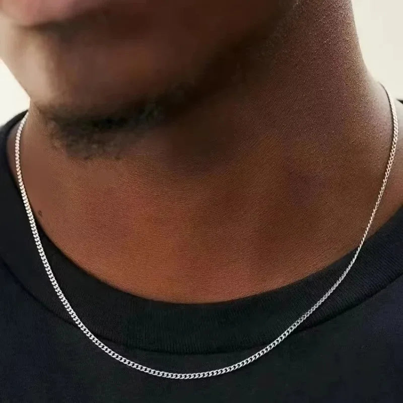 Men's 2mm Cuban Chain Necklace Sterling Silver Titanium Steel Jewelry